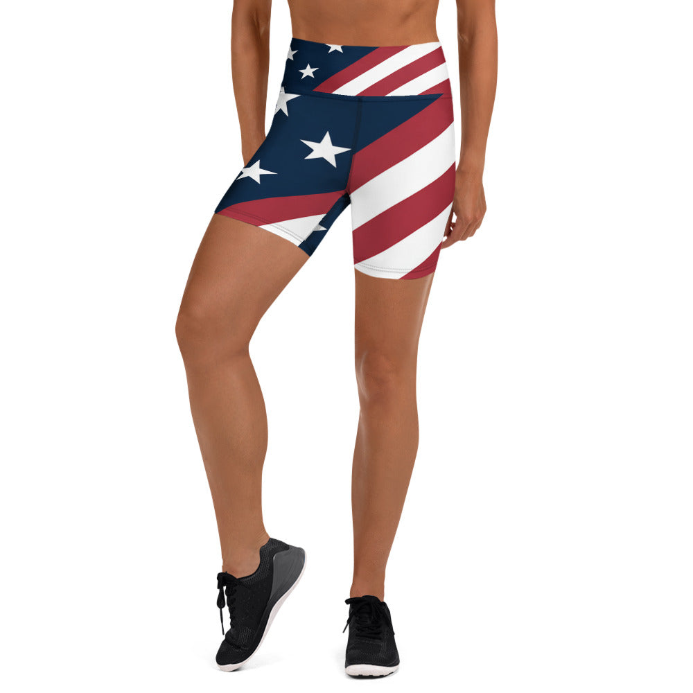 Women's american stars diagonal printed yoga shorts front view