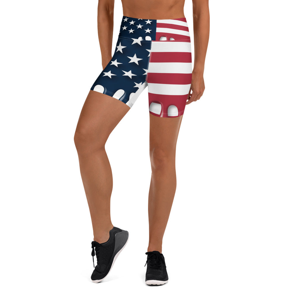 Stars and Stripes Drip Yoga Shorts featuring a bold red, white, and blue design - GearBunch Yoga Shorts