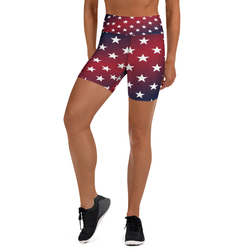 Women's American sunset printed yoga shorts front view