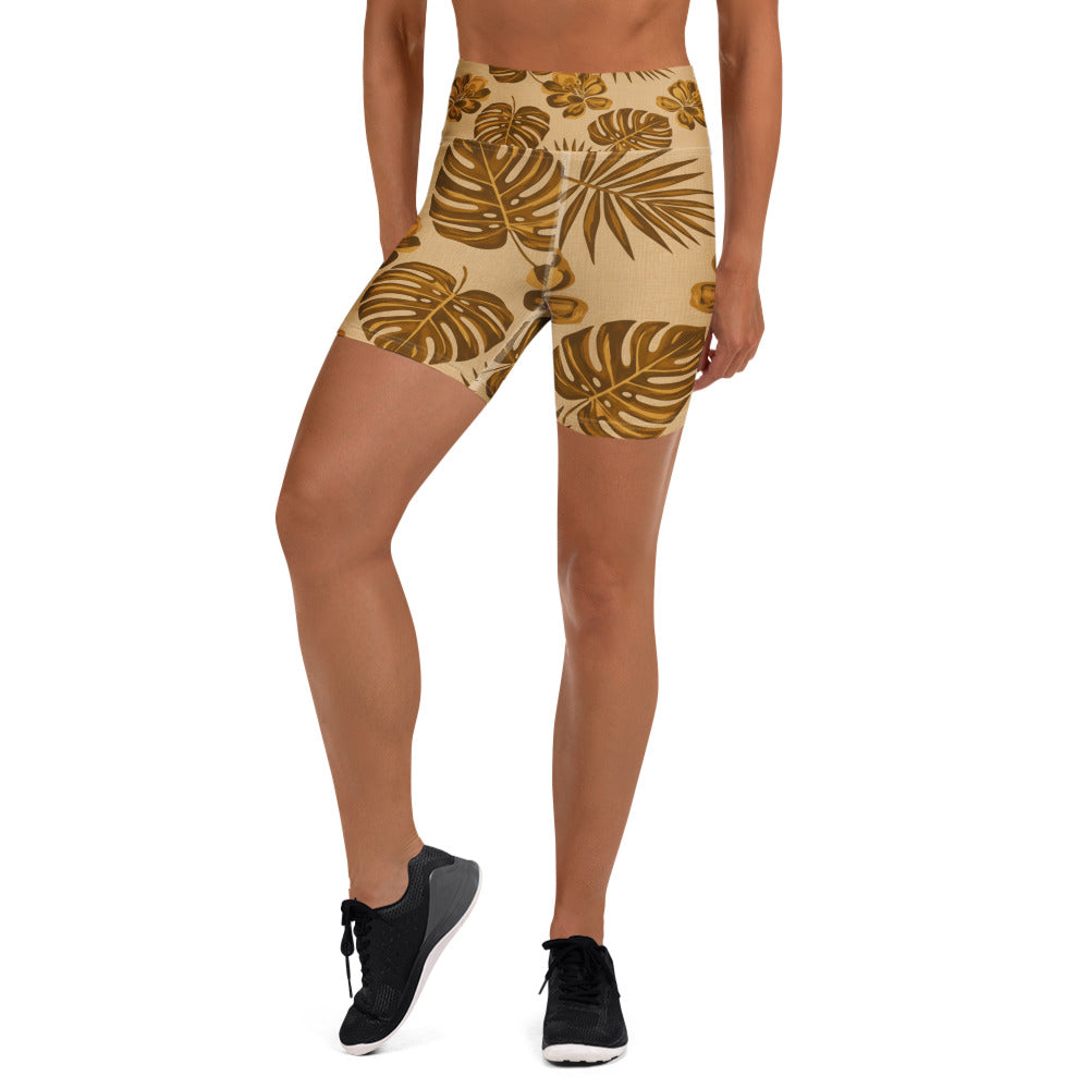 Mid-Century Modern Leaves Yoga Shorts from GearBunch, featuring a geometric leaf design in brown and beige tones.