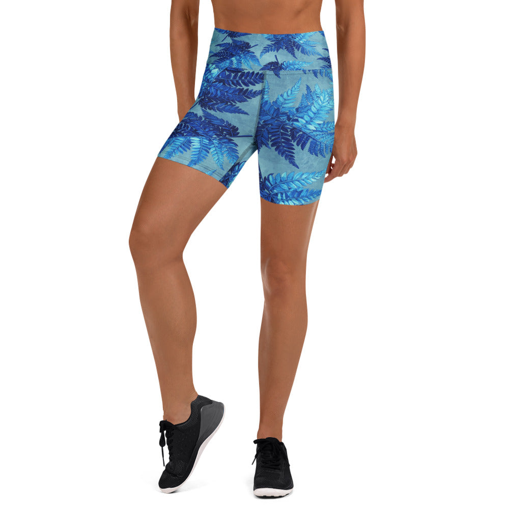 Women's electrik blue ferns printed yoga shorts front view