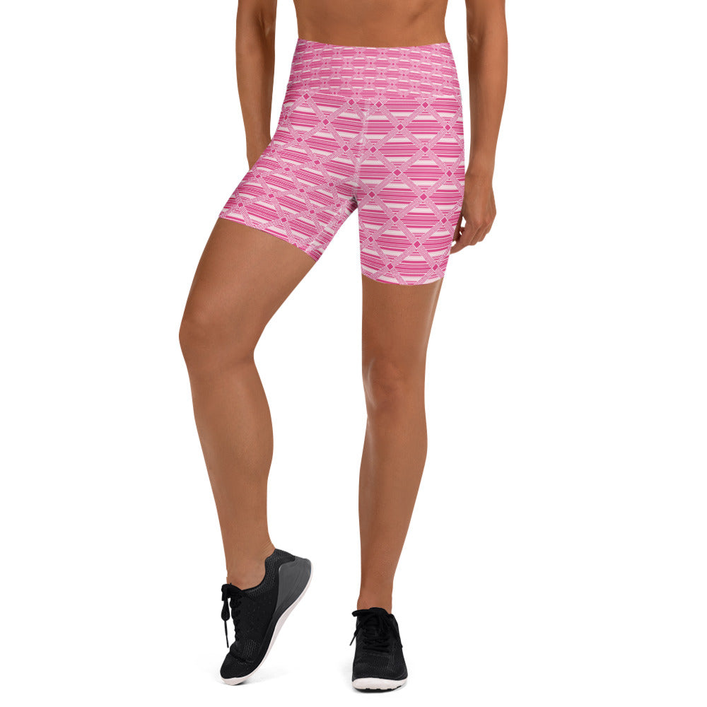 Women's pink preppy stripes yoga shorts front view