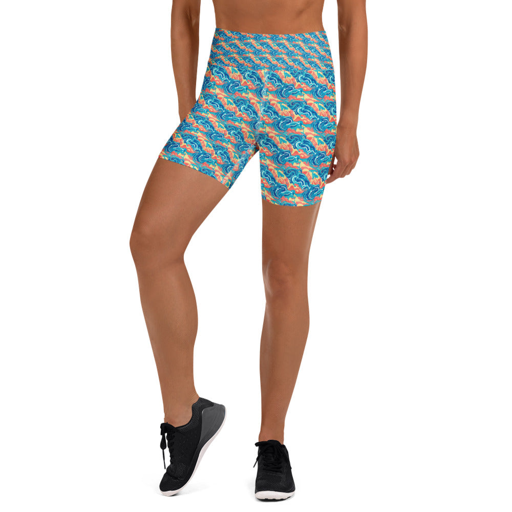 Women's coastal landscape yoga shorts front view
