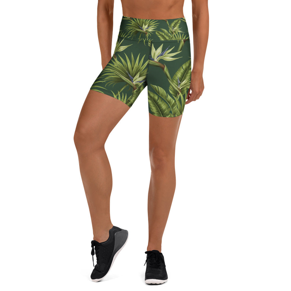 Women's tropical palm grove printed yoga shorts front view