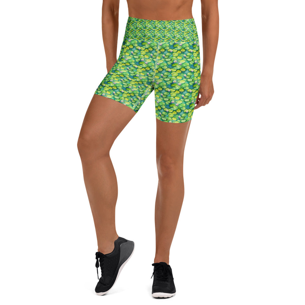 Women's monet water lilies printed yoga shorts front view