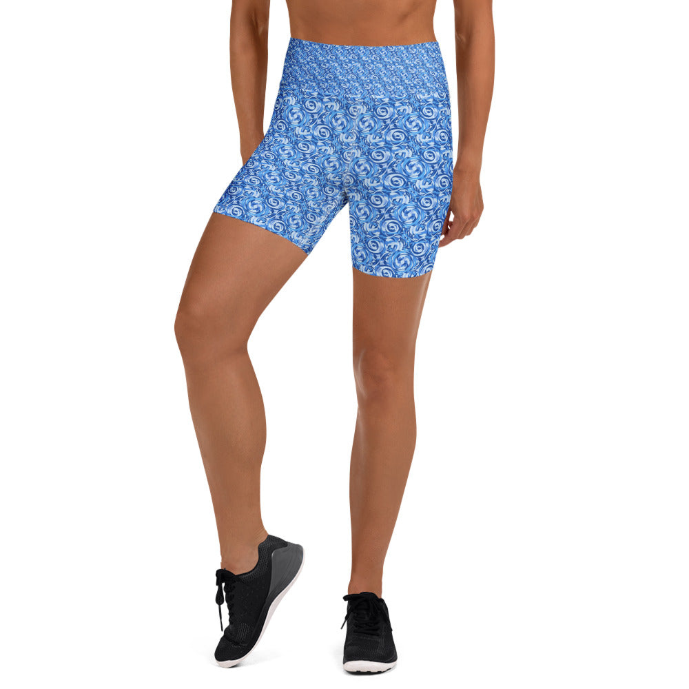 Women's blue illusionary boat ride yoga shorts front view