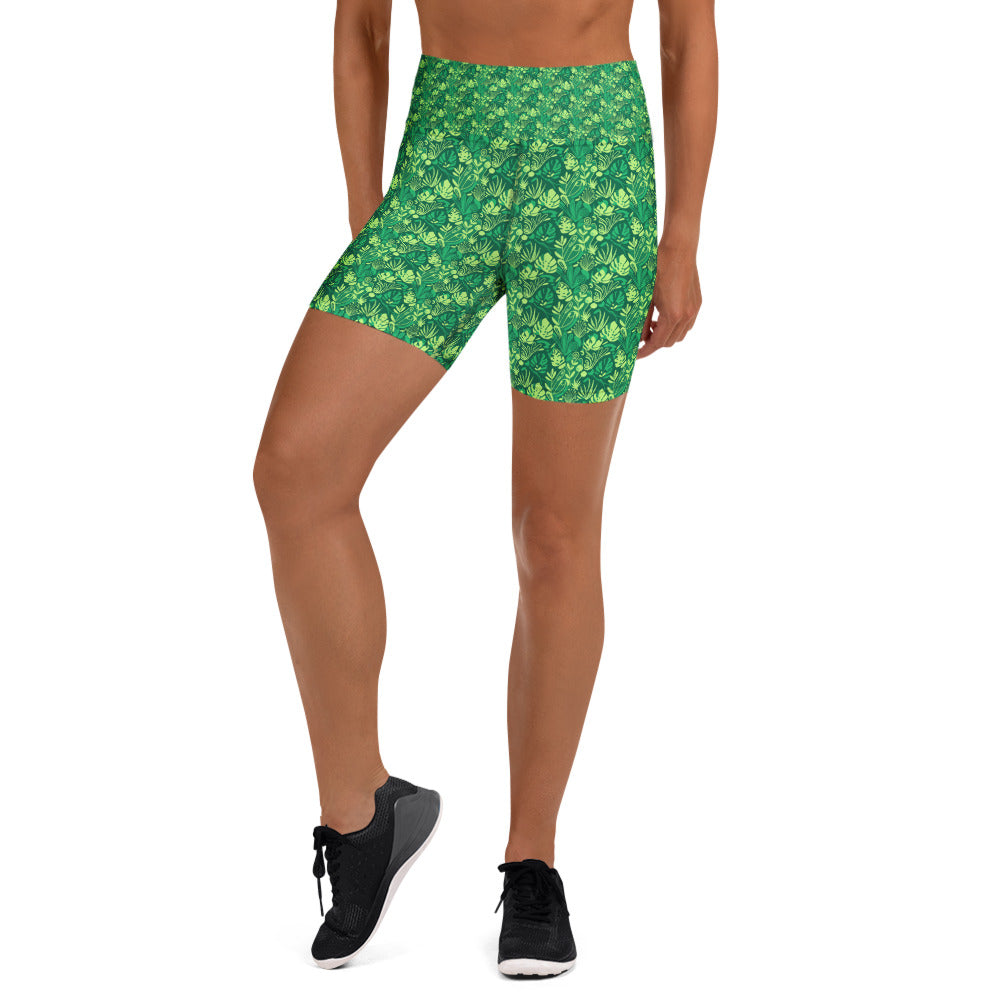 Women's plant illustration yoga shorts front view