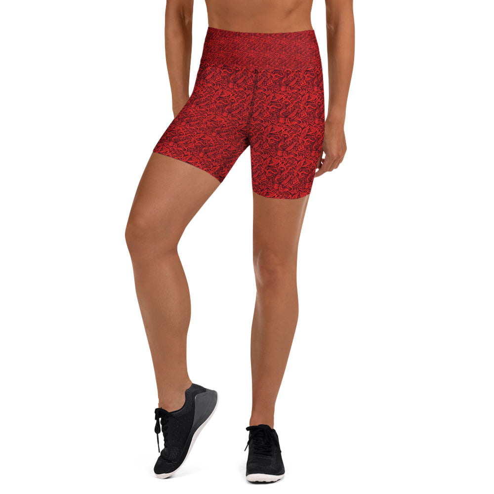 Women's red snake bird divination yoga shorts front view