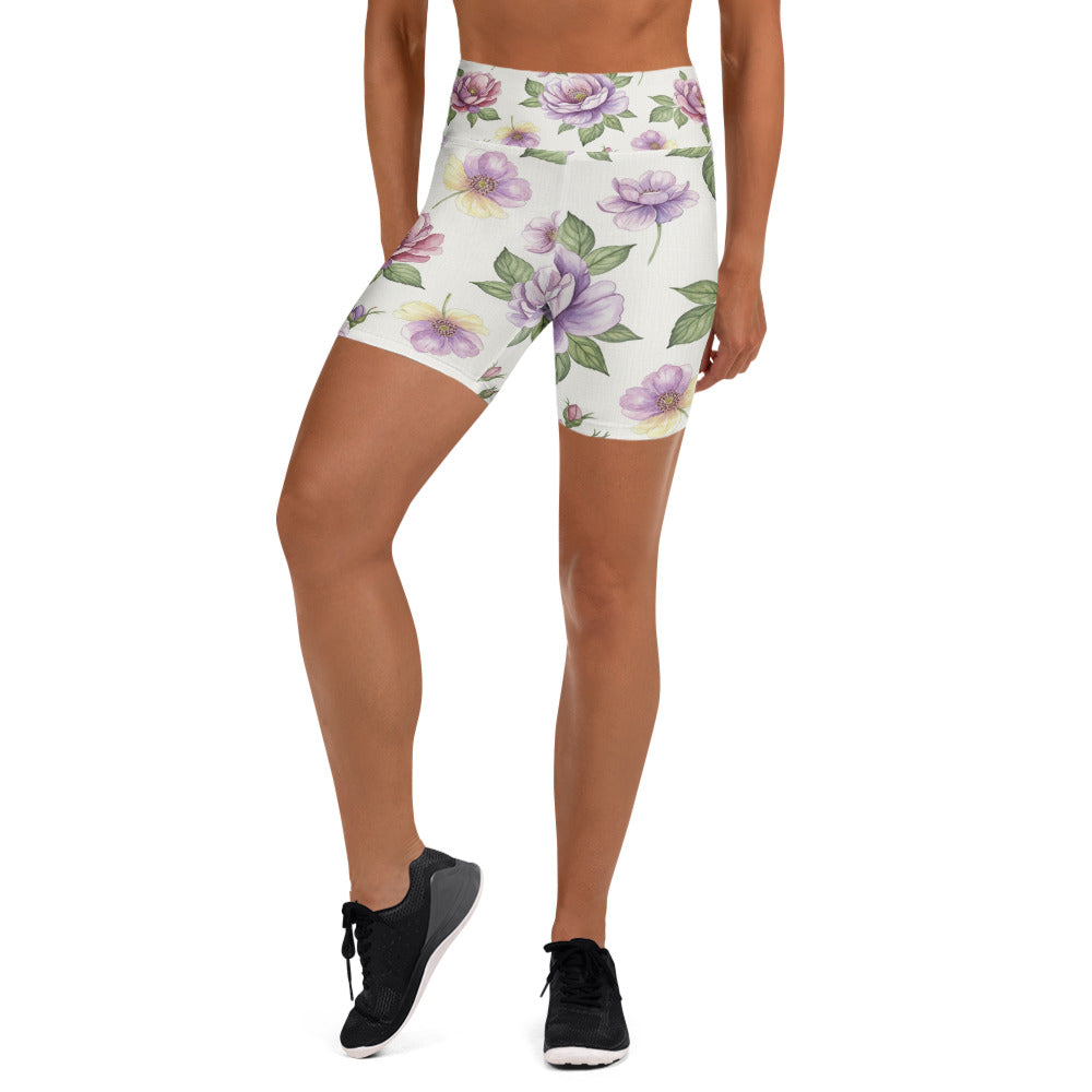 Women's watercolour wildflowers printed yoga shorts front view