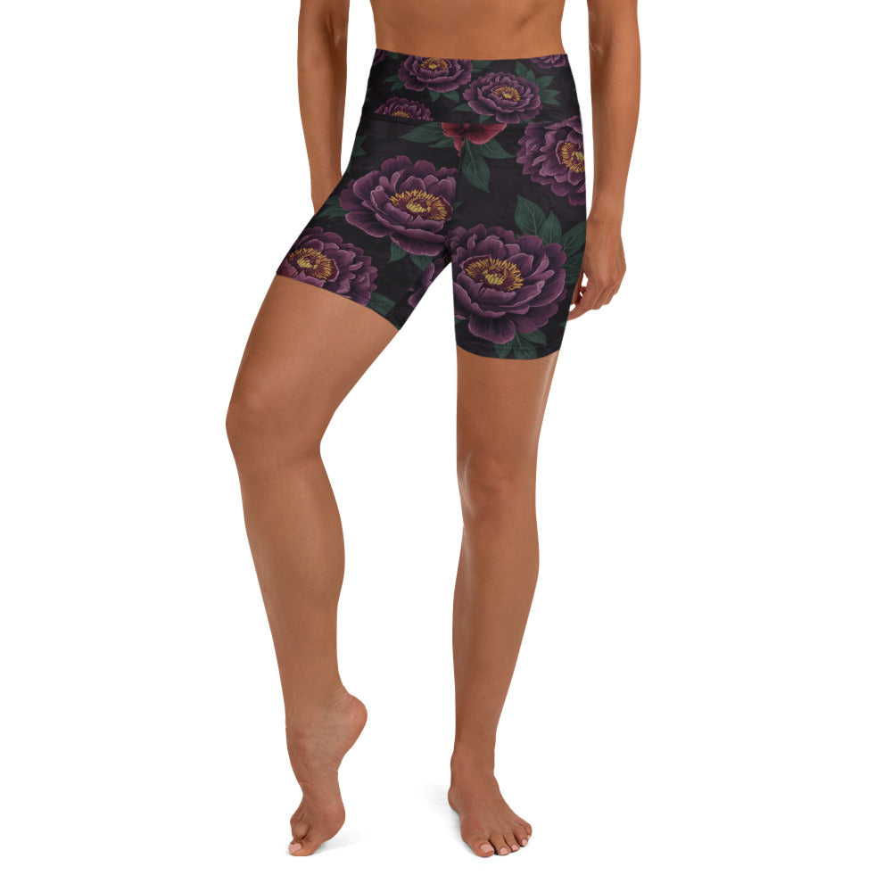 Dark Moody Peonies Yoga Shorts | GearBunch