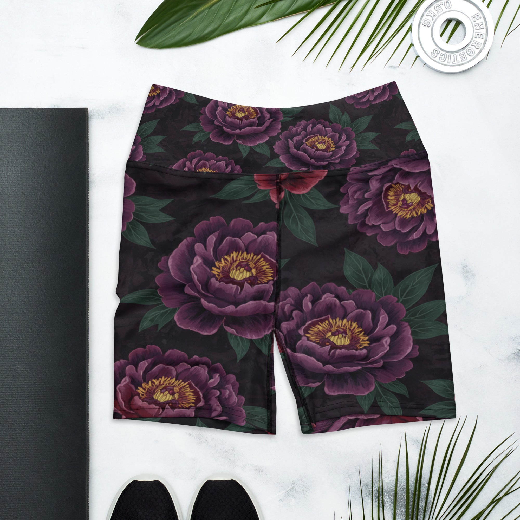 Dark Moody Peonies Yoga Shorts | GearBunch