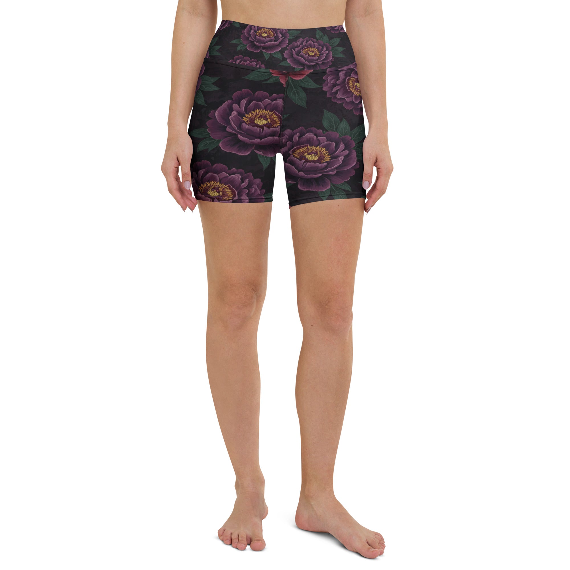 Dark Moody Peonies Yoga Shorts | GearBunch