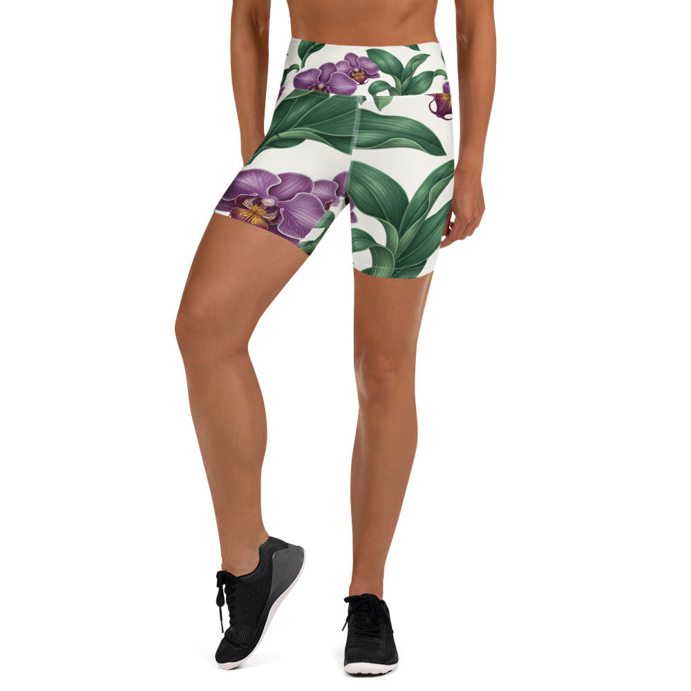 Women's vintage botanical orchids yoga shorts front view