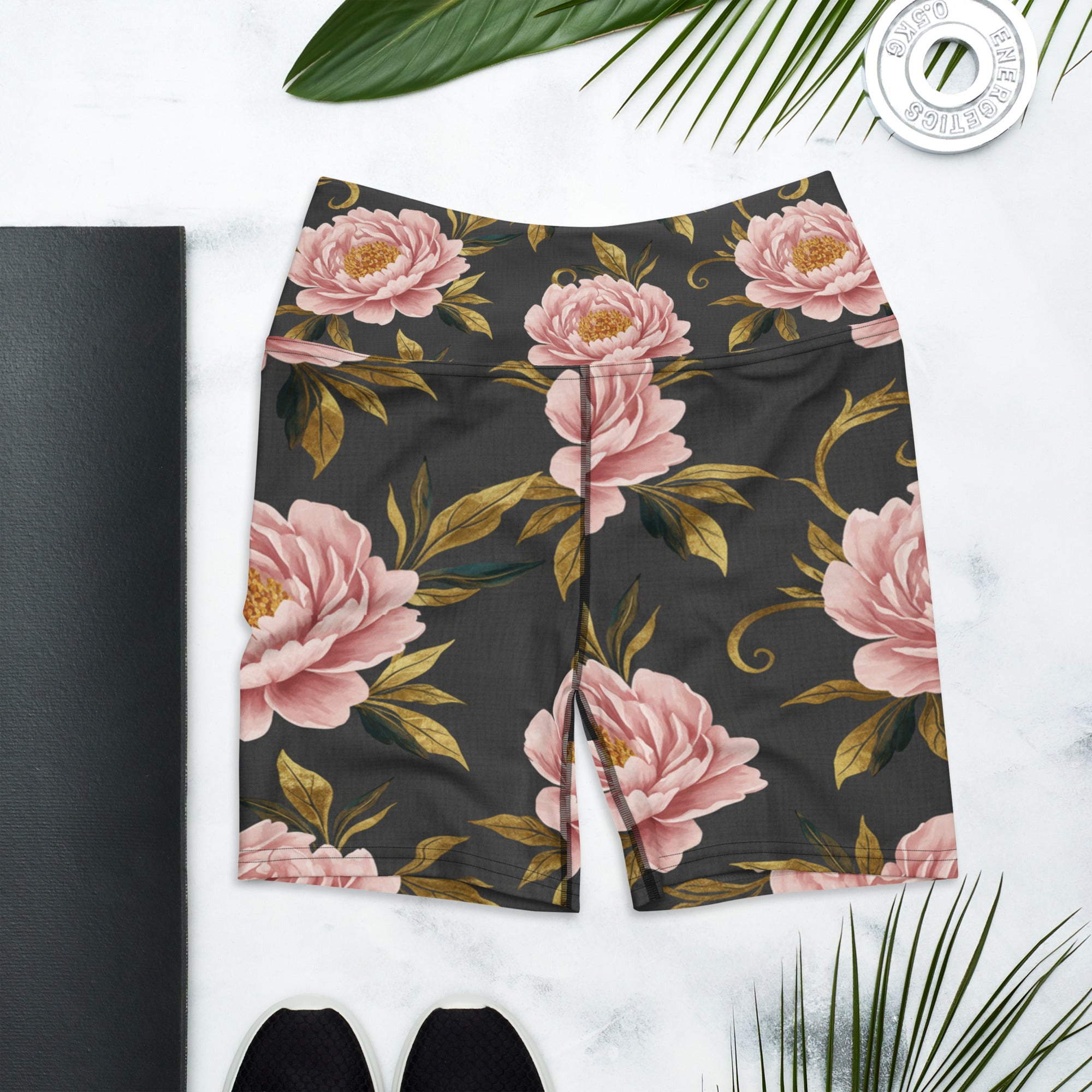 Blush Peonies and Gold Yoga Shorts | GearBunch