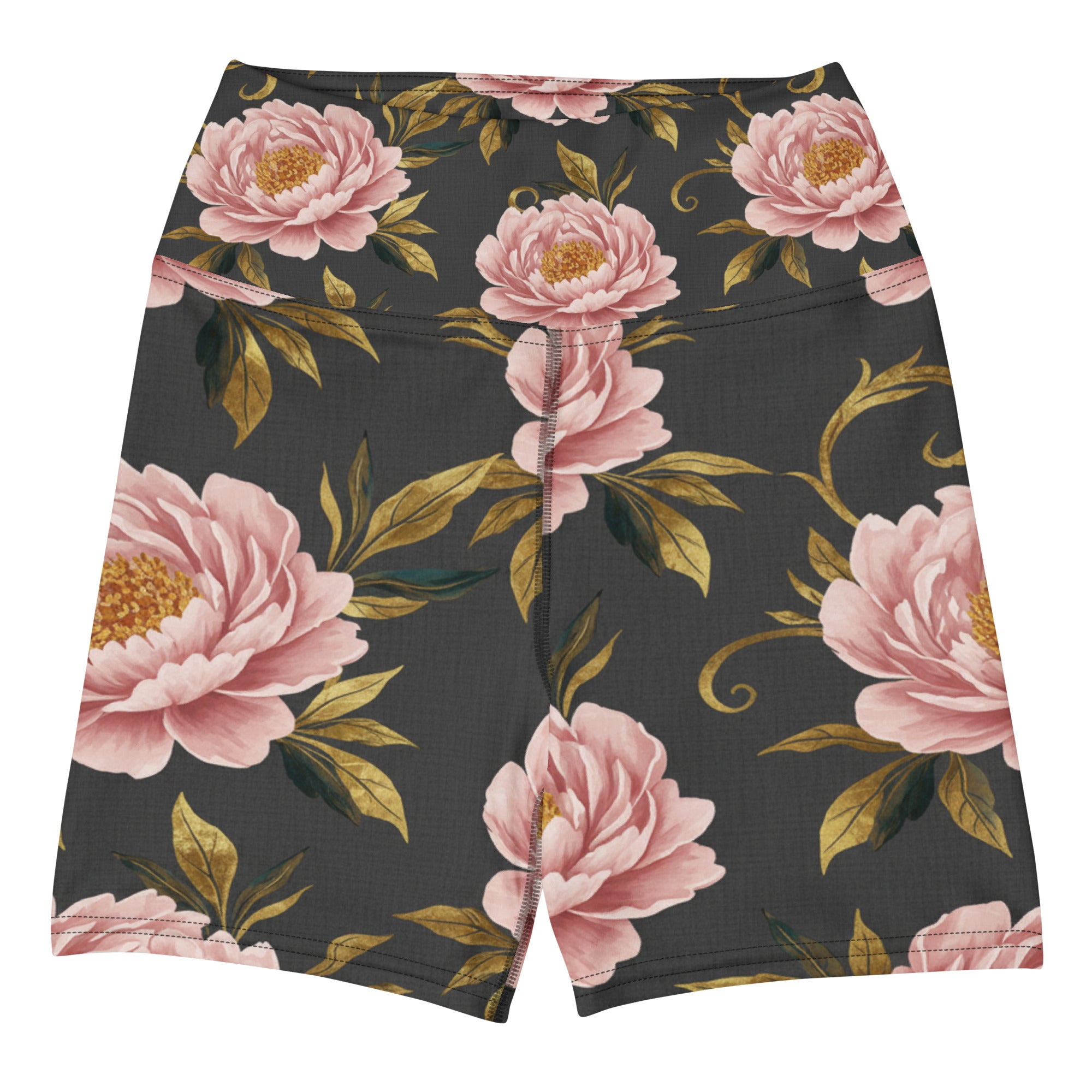 Blush Peonies and Gold Yoga Shorts | GearBunch