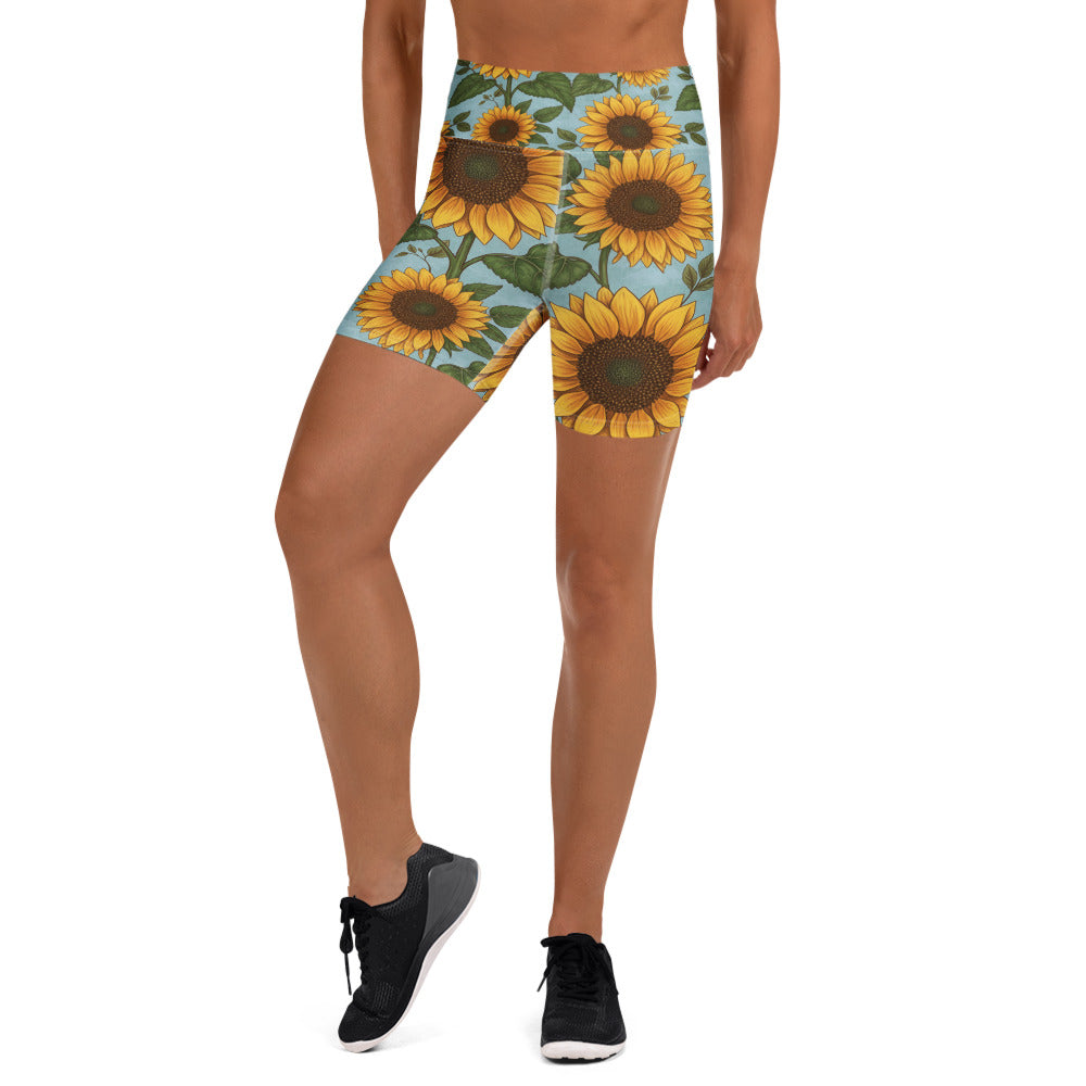 Women's sunflower fields printed yoga shorts front view
