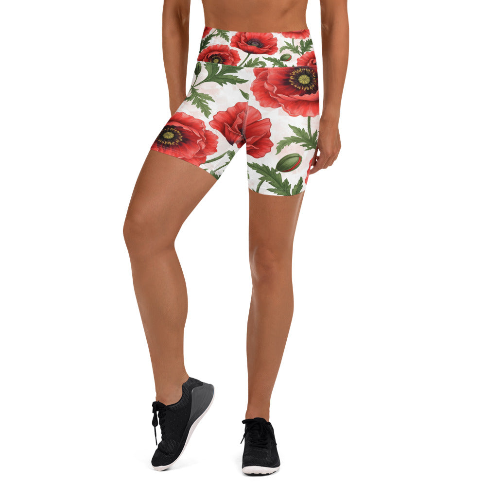 Women's white whimsical garden poppies yoga shorts front view
