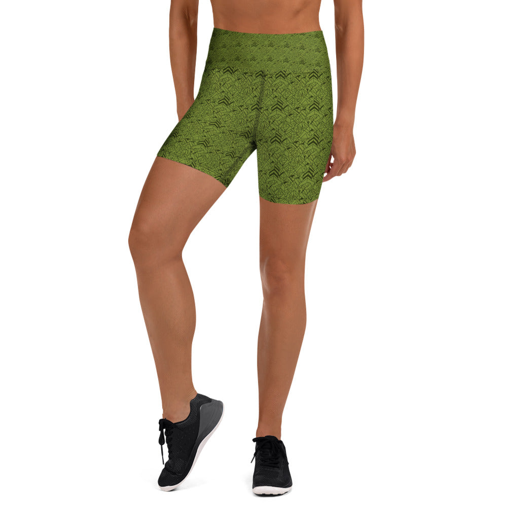 Women's velvet olive green yoga shorts front view