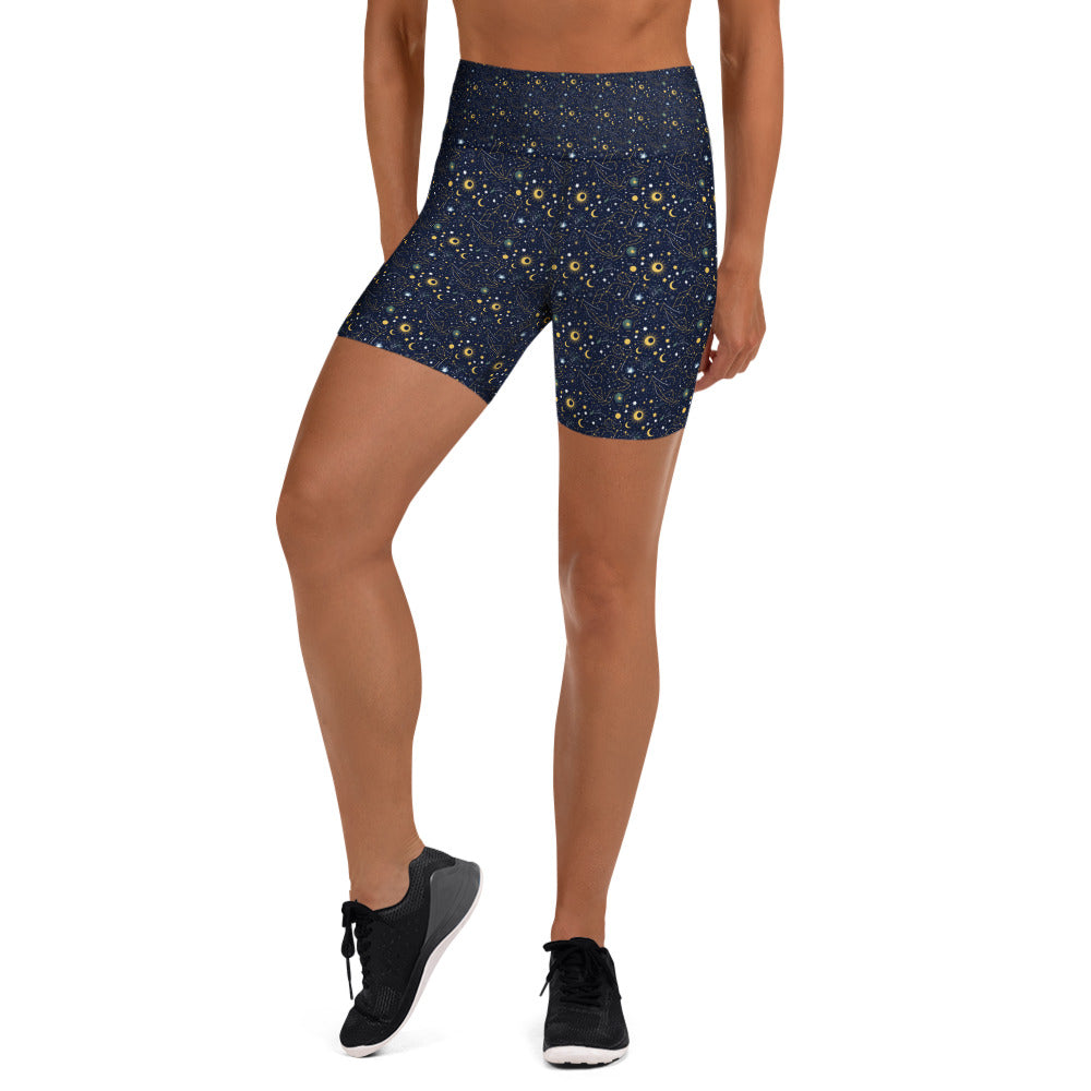 Women's taurus celestial printed yoga shorts front view