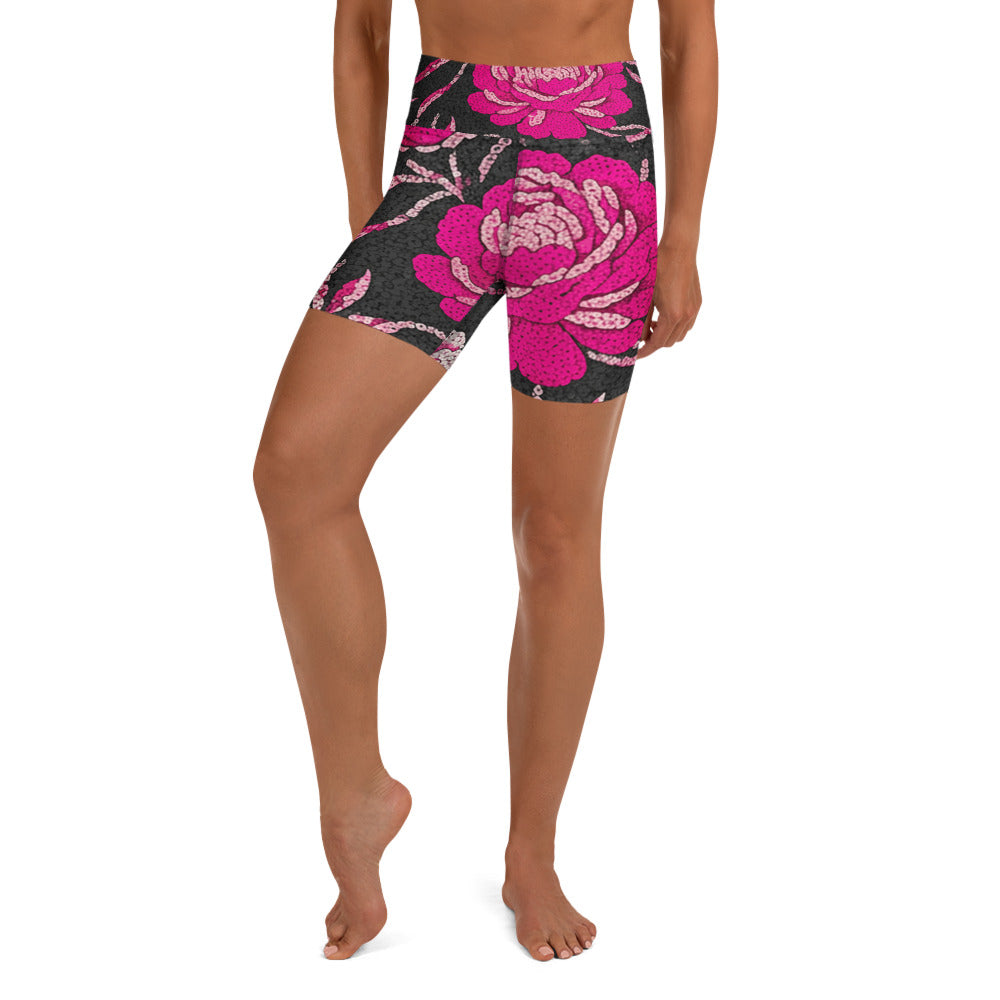 Pink Paillette Peony Yoga Shorts | GearBunch