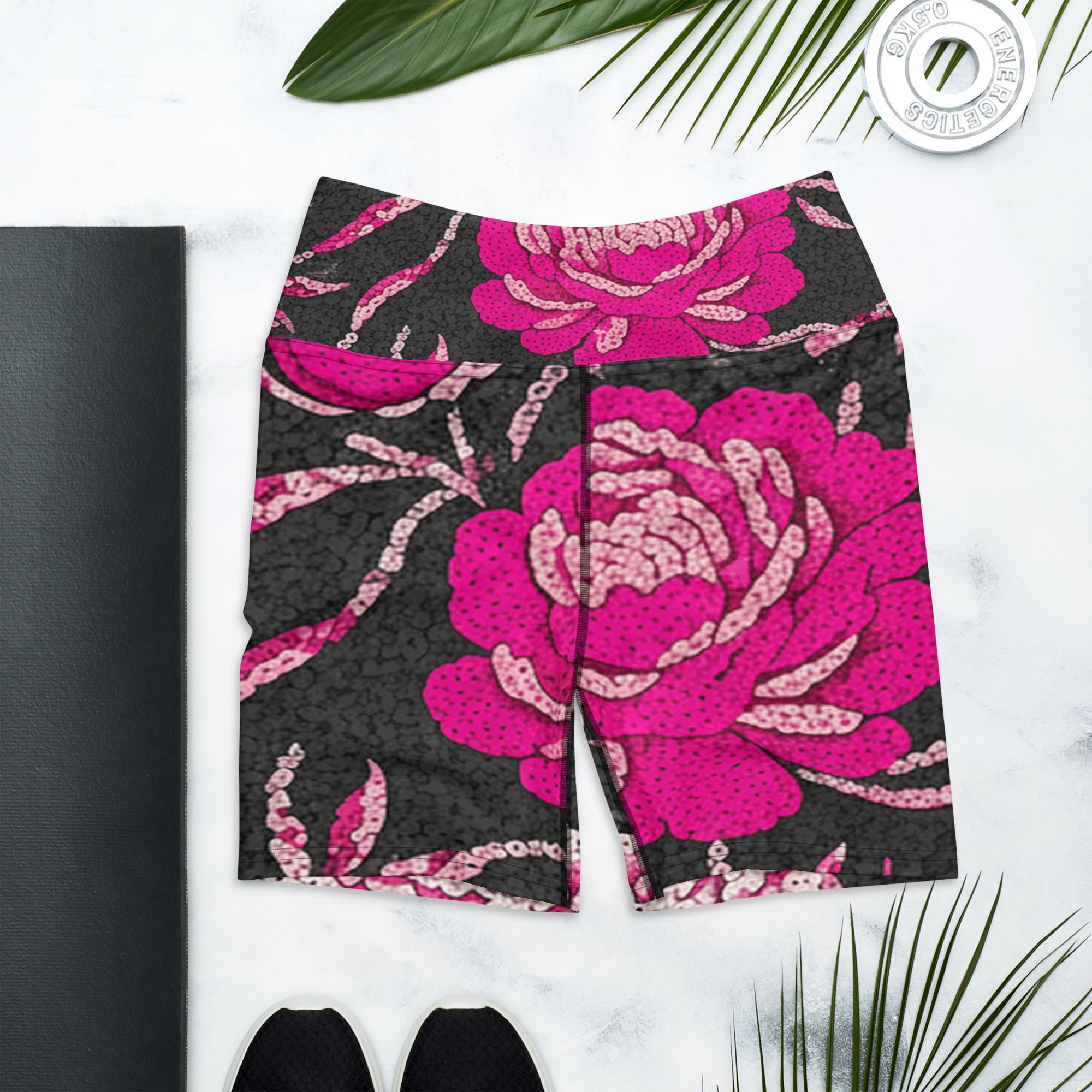 Pink Paillette Peony Yoga Shorts | GearBunch