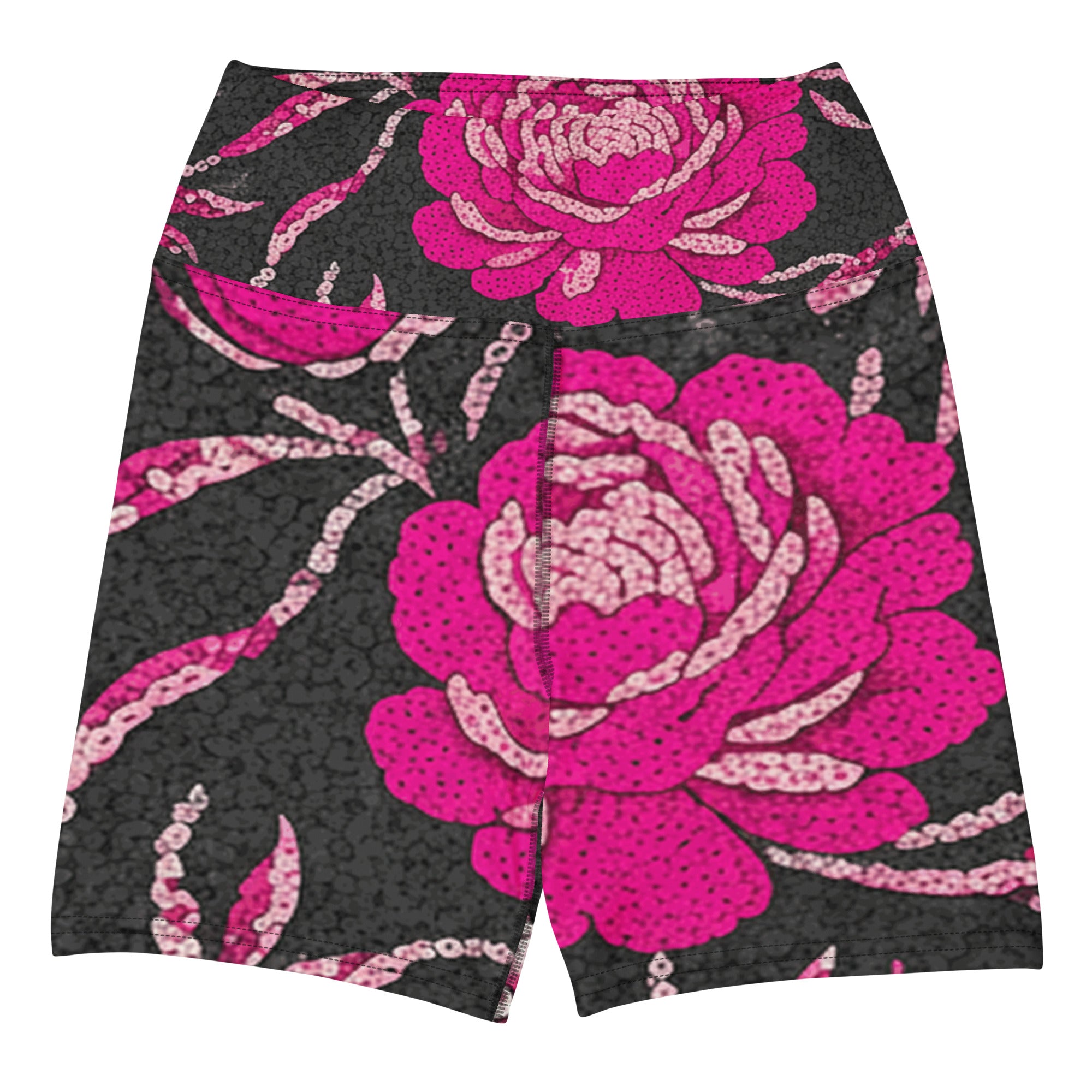Pink Paillette Peony Yoga Shorts | GearBunch