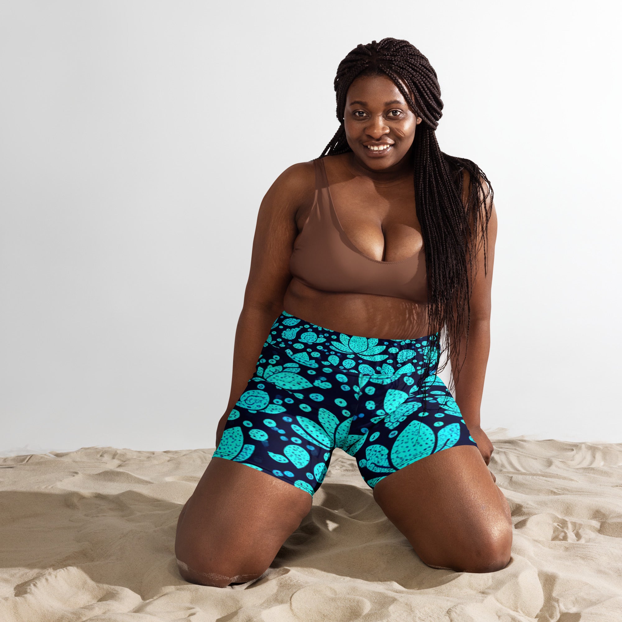 Teal Paillette Lotus Yoga Shorts | GearBunch