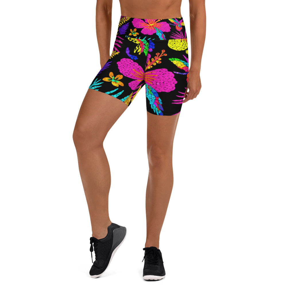 Women's rainbow tropical printed yoga shorts front view