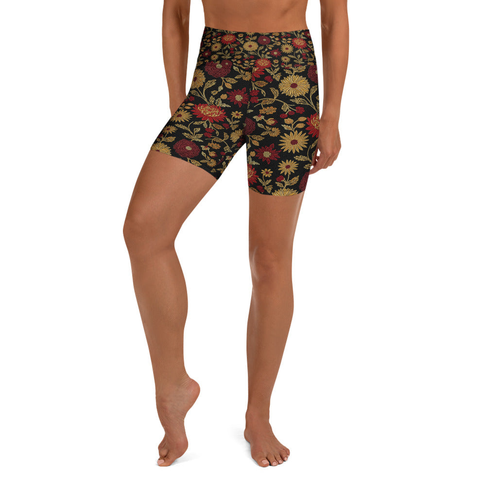 Gold Paillette Rose Garden Yoga Shorts | GearBunch
