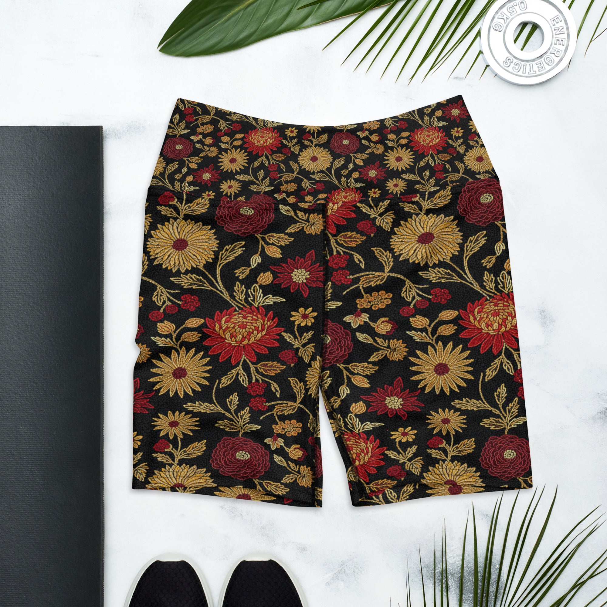 Gold Paillette Rose Garden Yoga Shorts | GearBunch