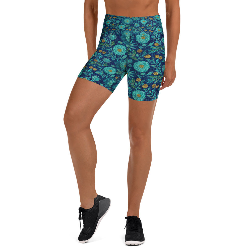 Women's teal lotus garden printed yoga shorts front view