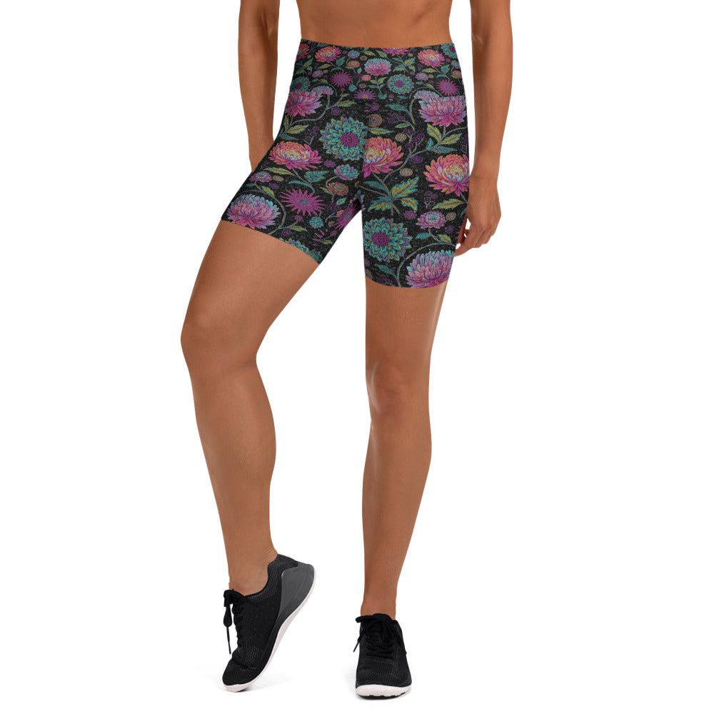 Women's holographic paillette printed yoga shorts front view