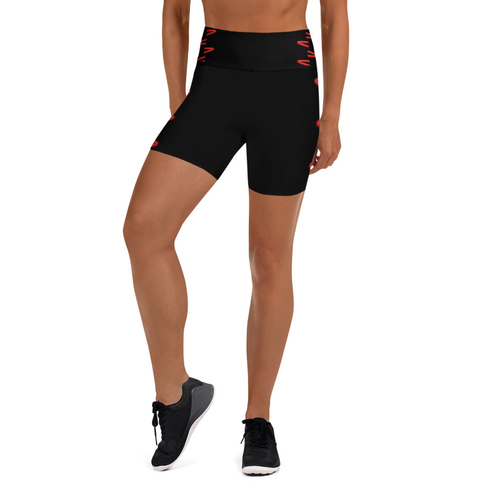 Close-up of black Baseball Stitches Yoga Shorts with red stitching detail by GearBunch