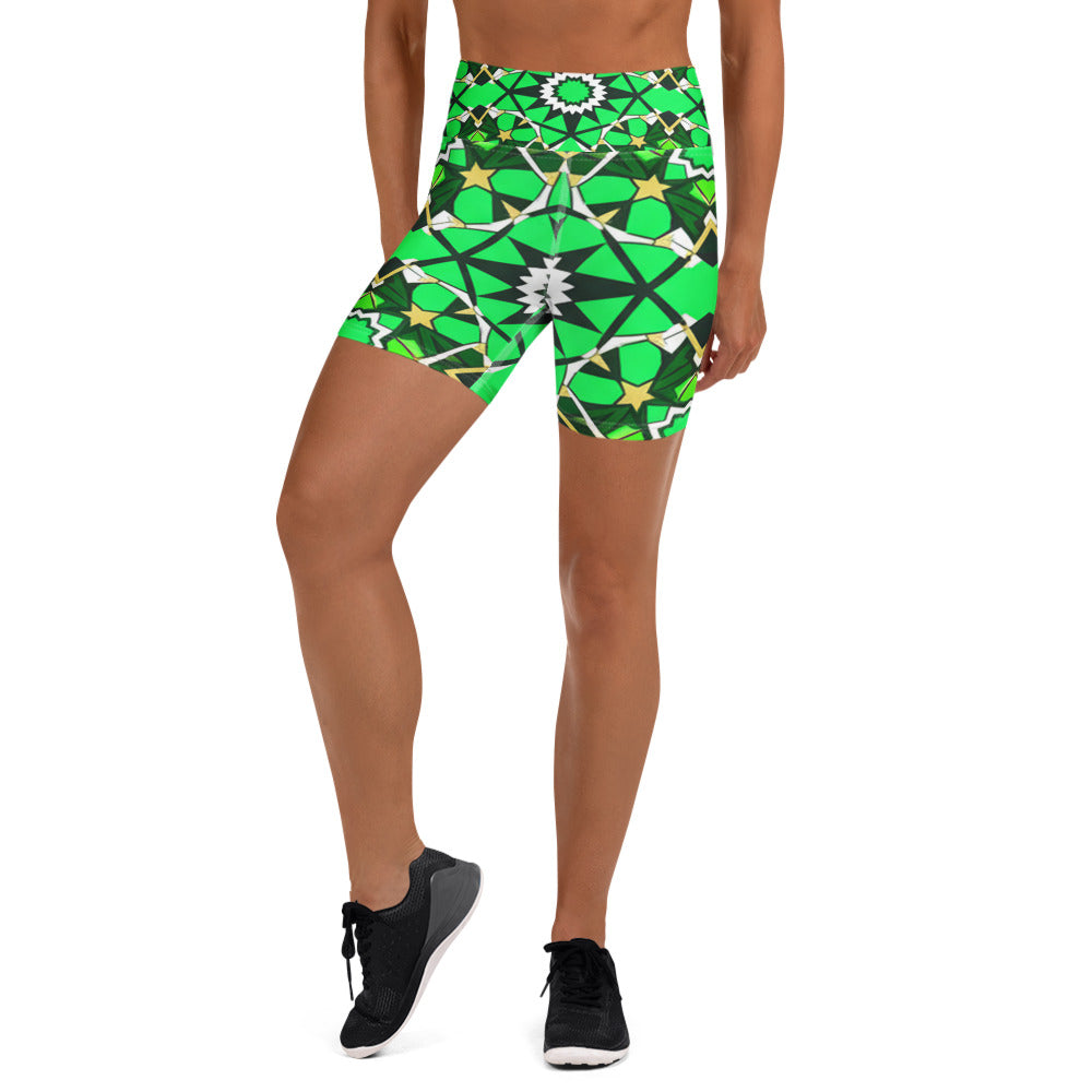 Women's Zellige Emerald Gold yoga shorts front view
