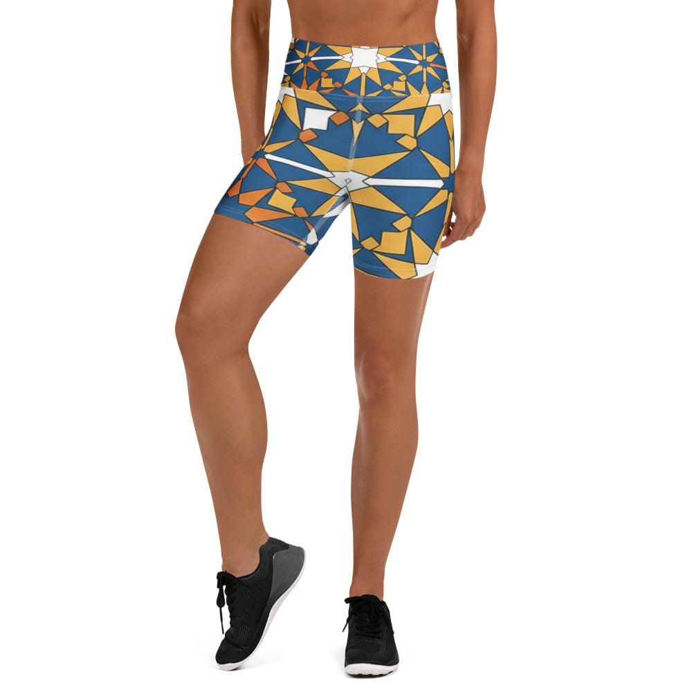 Vibrant geometric pattern of deep blues, orange, gold, white and black on GearBunch Yoga Shorts.
