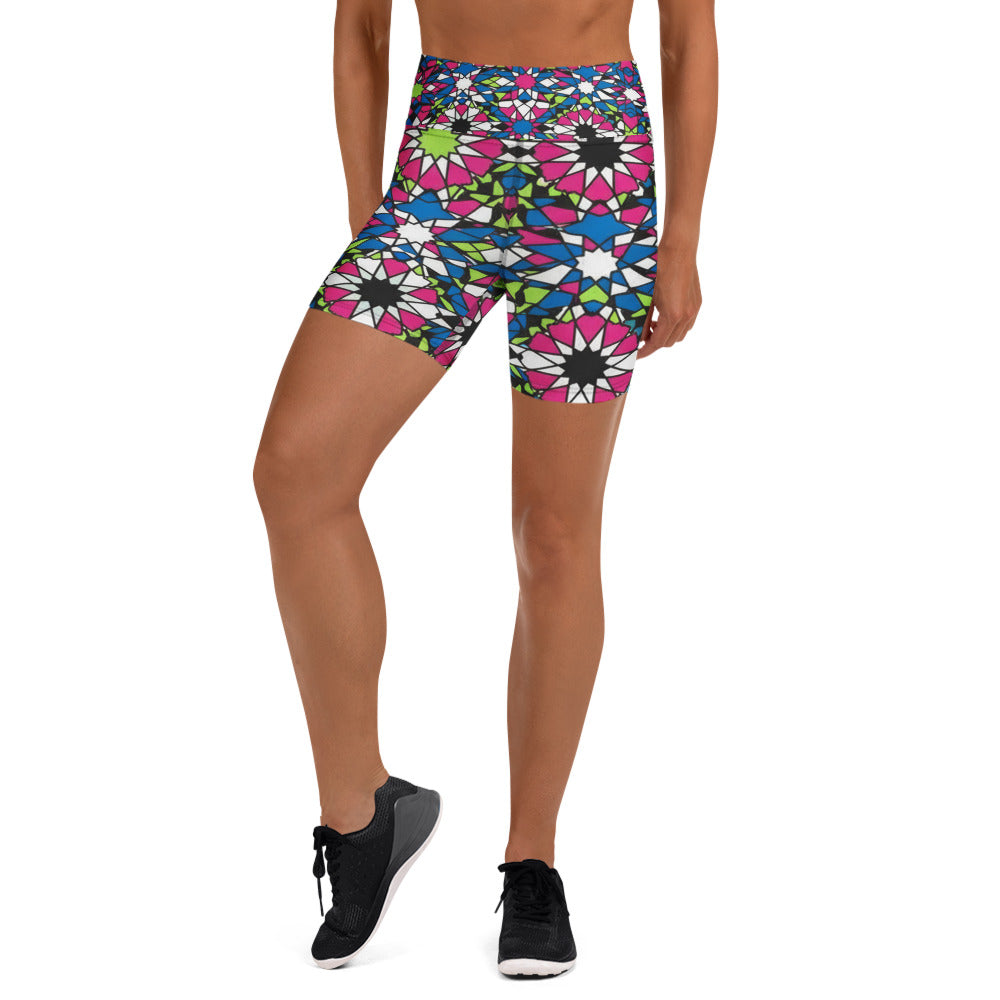 Women's zellige electric neon yoga shorts front view