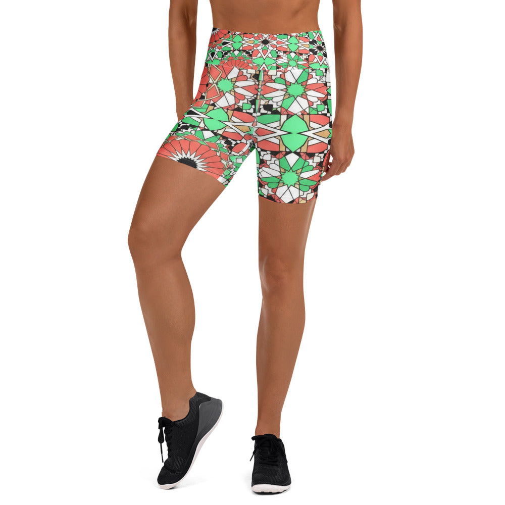 Women's zellige coral mint printed yoga shorts front view