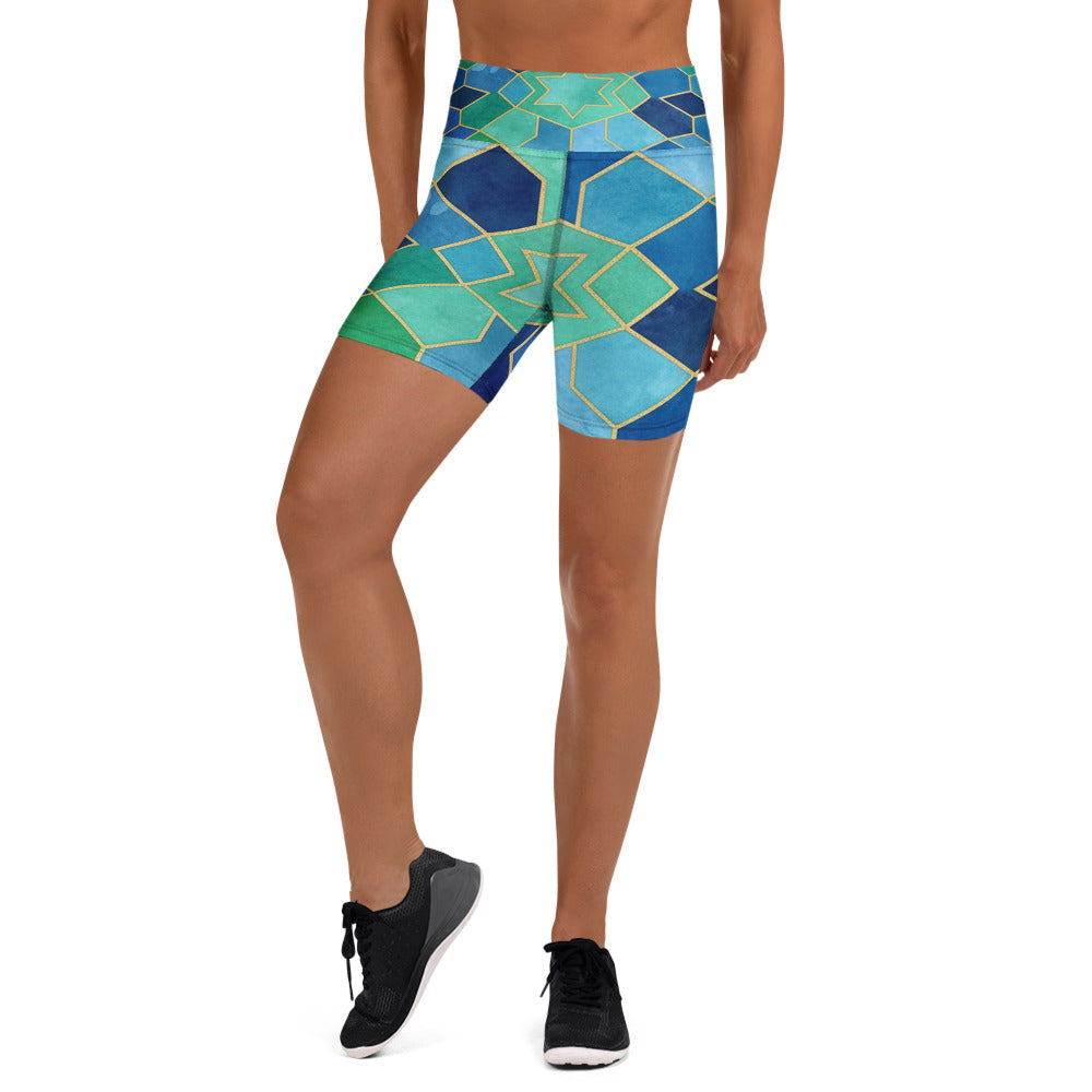 Women's ocean blues pattern yoga shorts front view