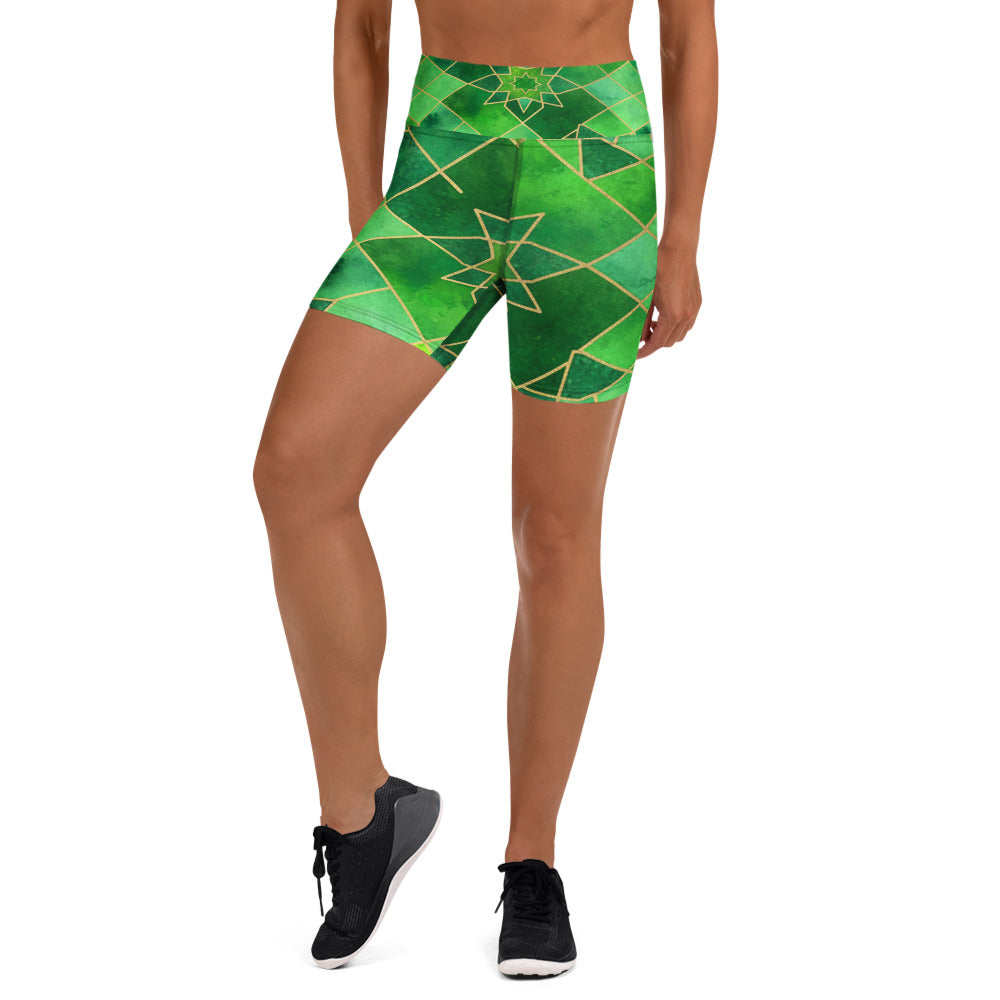 Women's emerald jewel printed yoga shorts front view