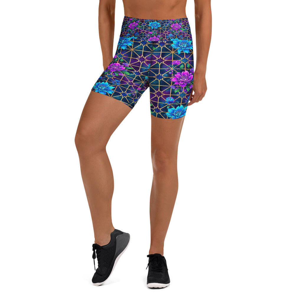 Women's midnight galaxy printed yoga shorts front view