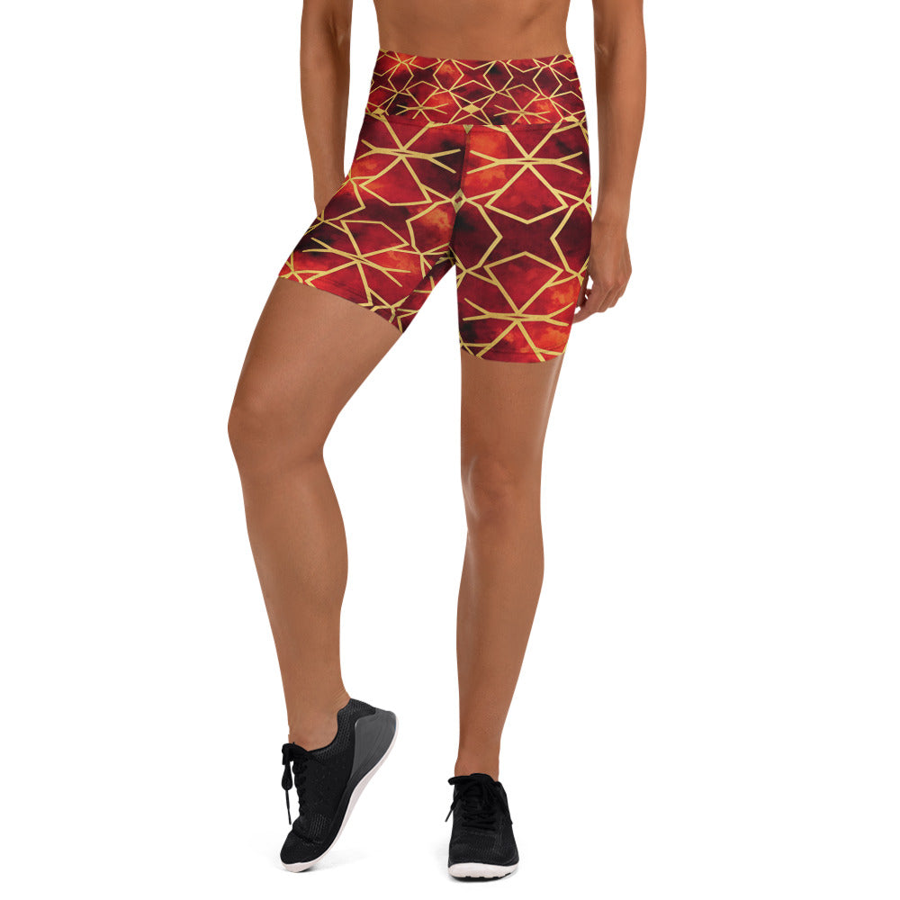 Women's ruby gold printed yoga shorts front view
