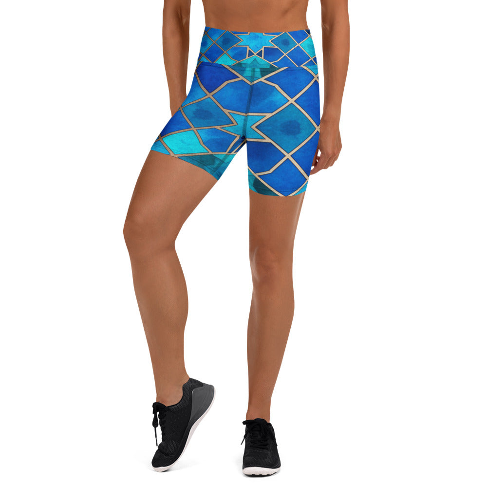 Women's sapphire bronze printed yoga shorts front view