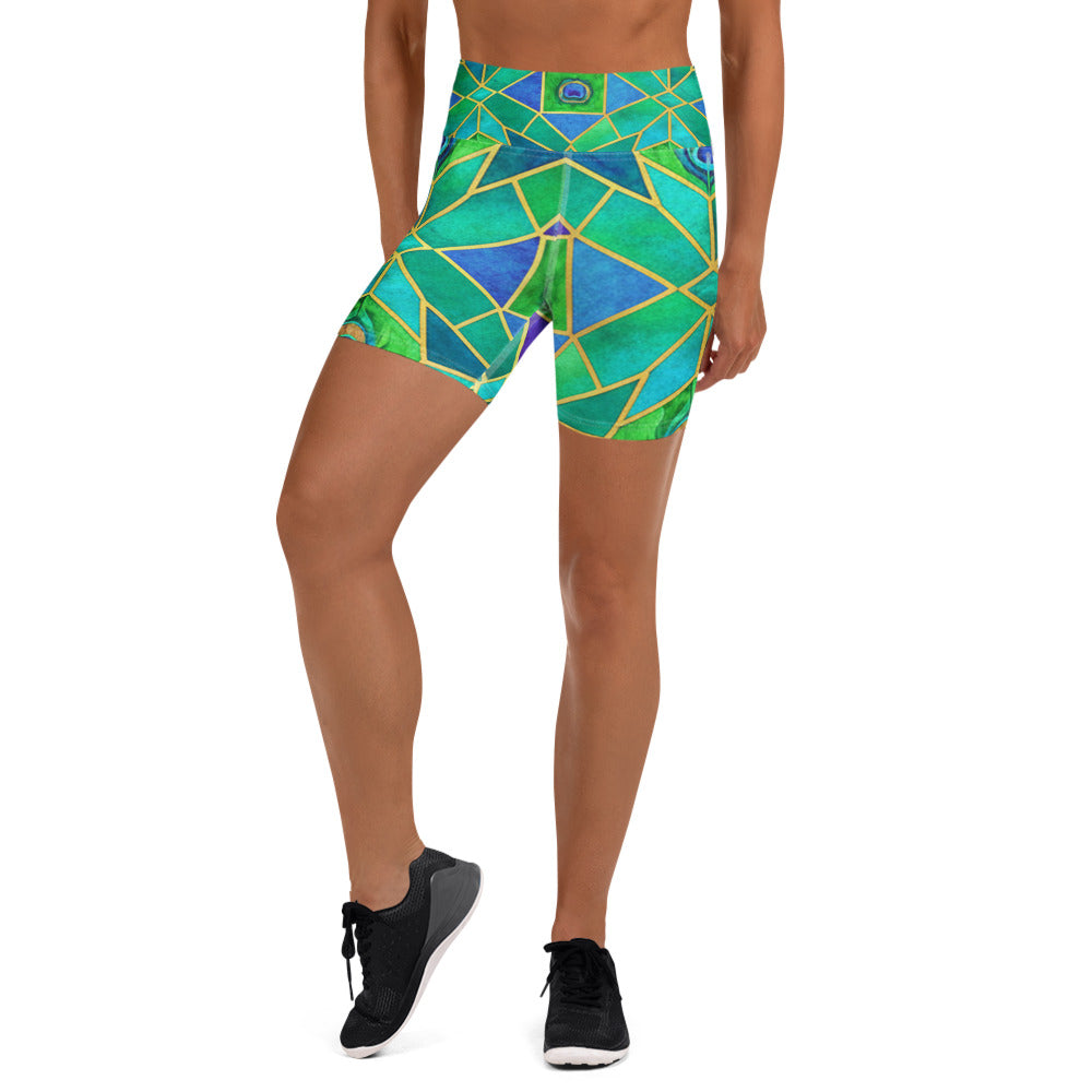 Women's watercolour peacock plume yoga shorts front view