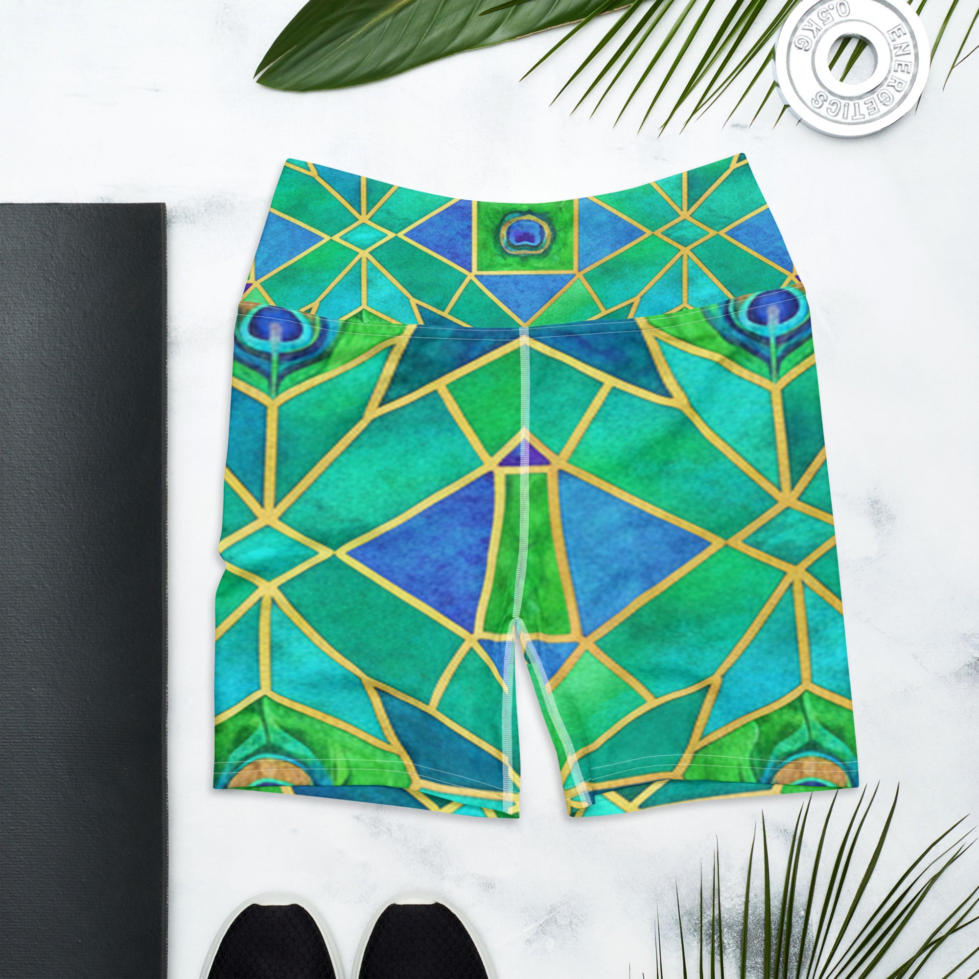 Arabic Watercolour Peacock Plume Yoga Shorts | GearBunch