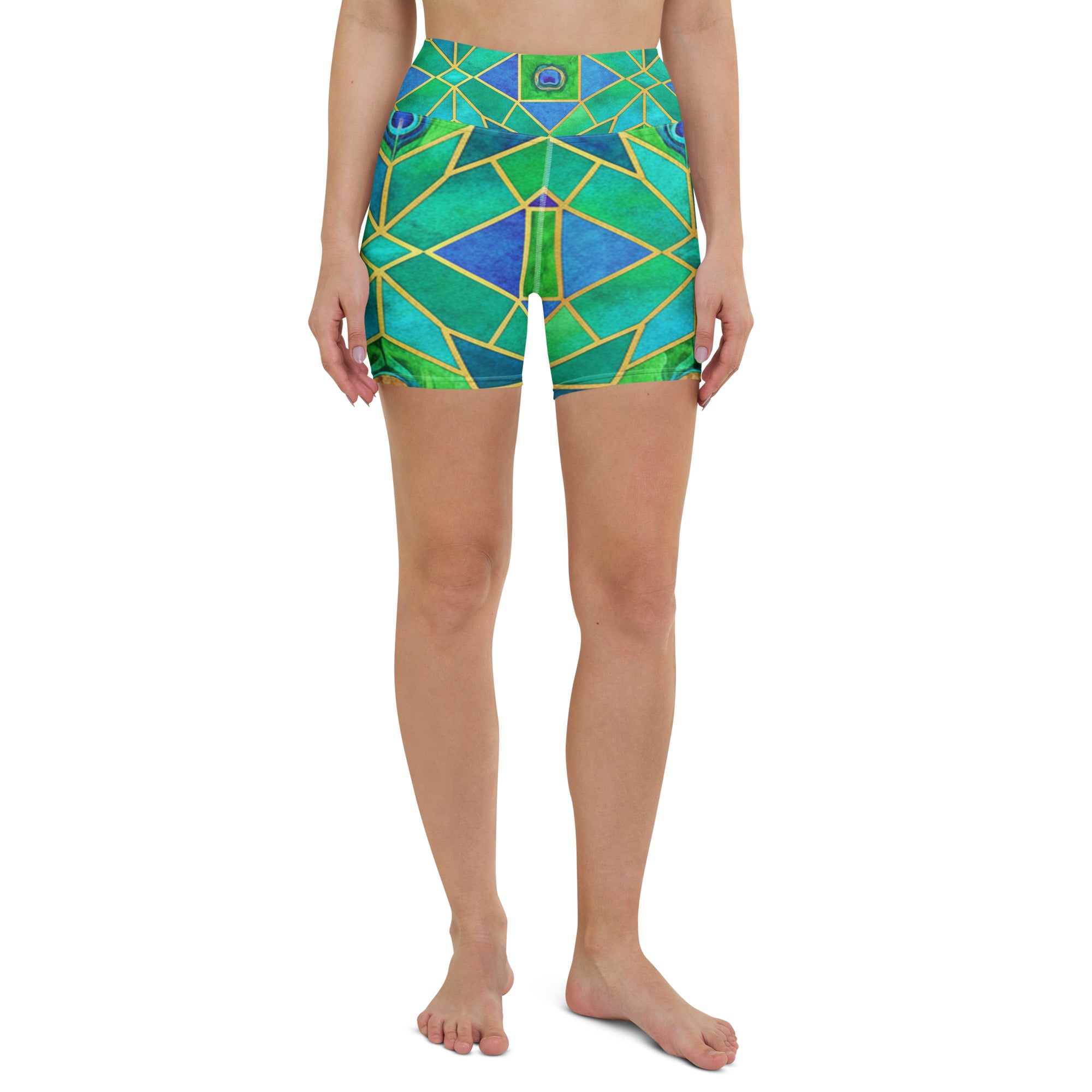 Arabic Watercolour Peacock Plume Yoga Shorts | GearBunch