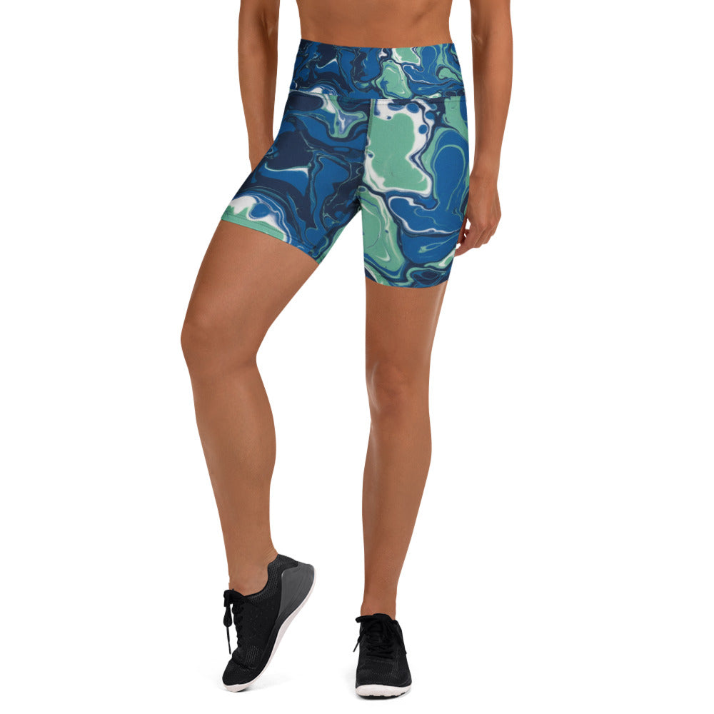 Women's liquid marble ocean current yoga shorts front view