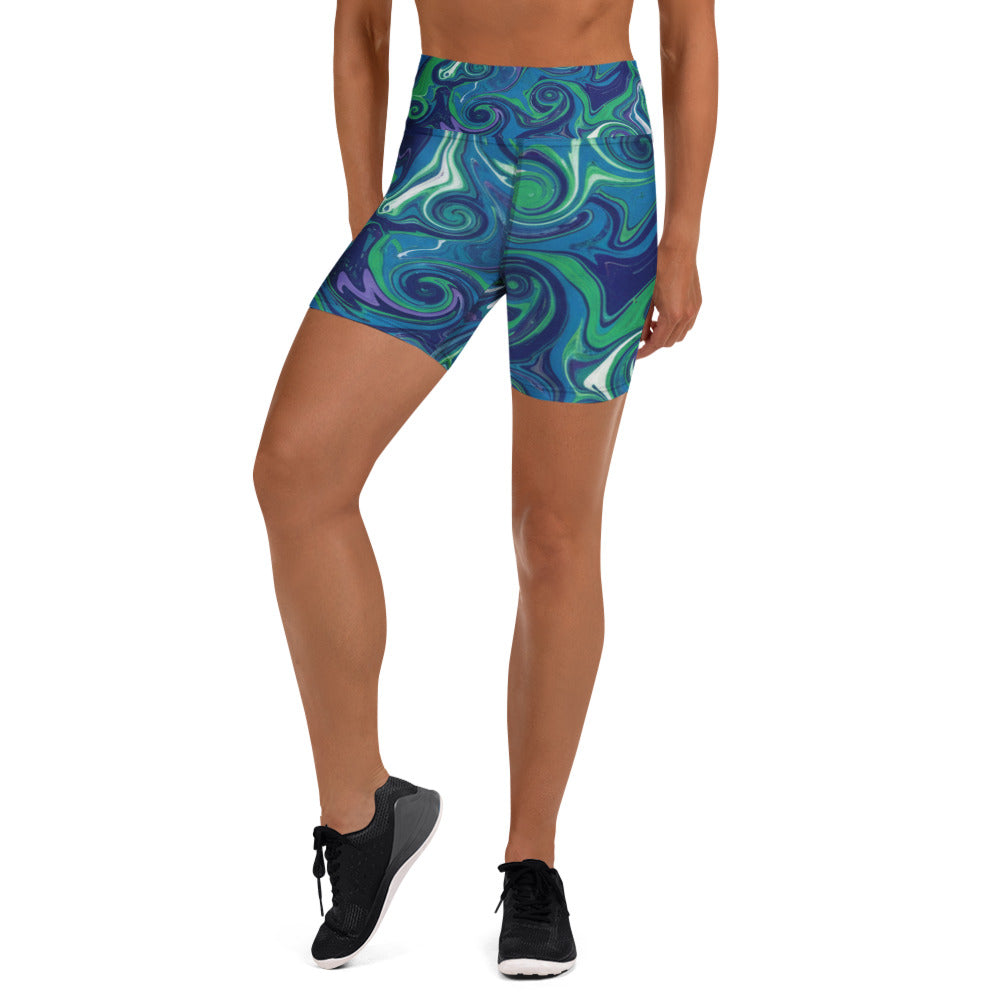 Liquid Marble Arctic Aurora Yoga Shorts by GearBunch. Swirling blues, greens, and violet create a stunning all-over print design.