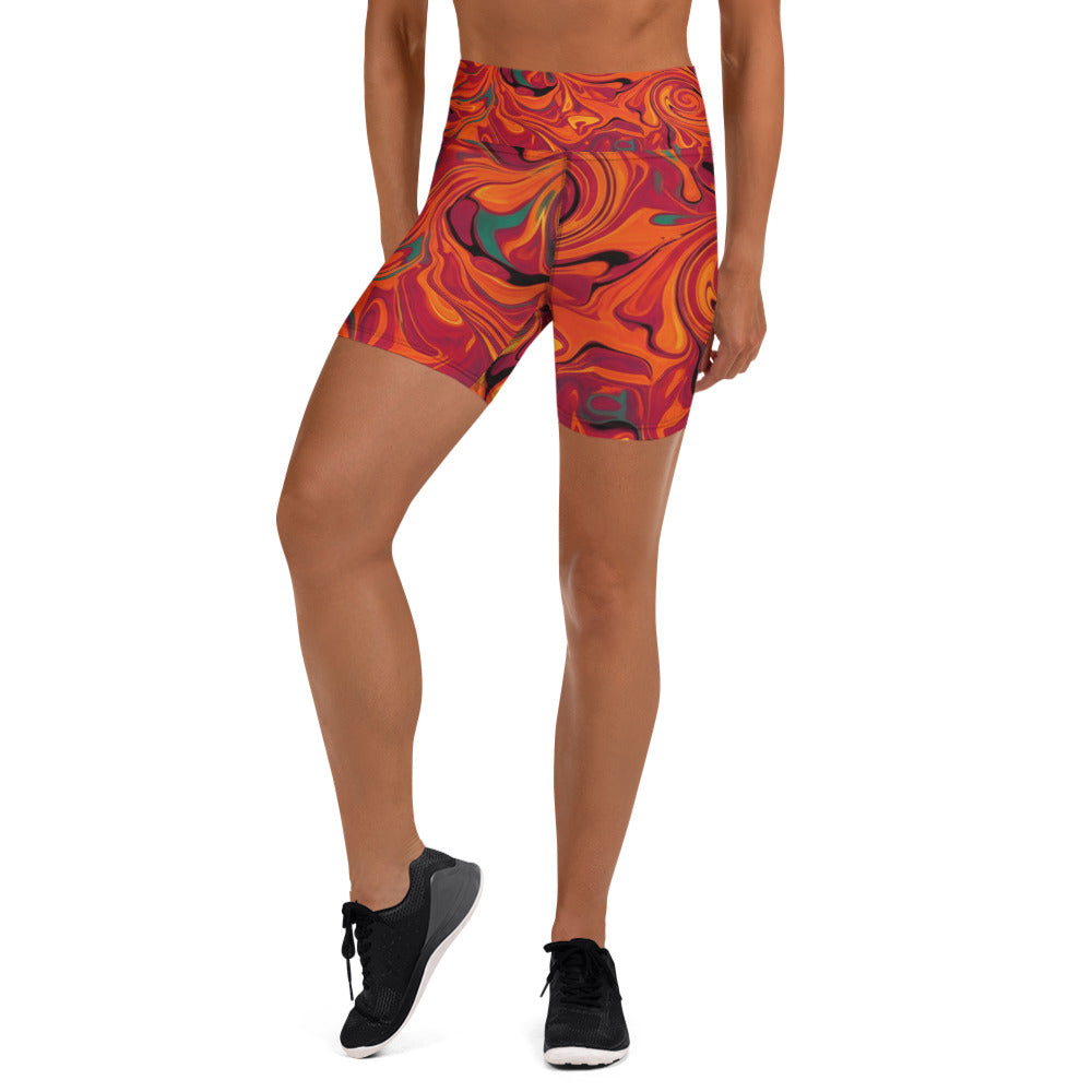 Close-up of fiery orange, red, and magenta Liquid Marble Fire Opal GearBunch Yoga Shorts