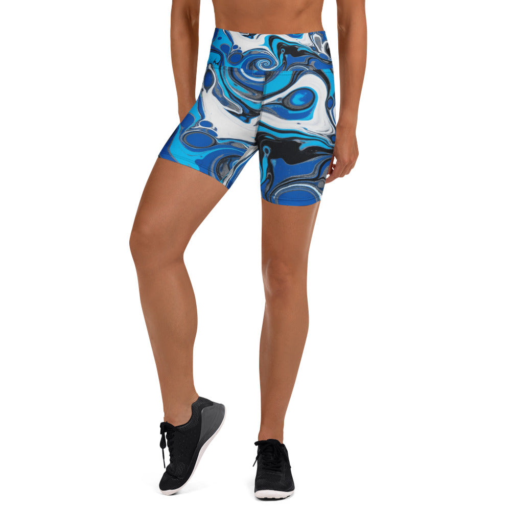 Liquid Marble Electric Storm Yoga Shorts featuring swirling electric blue, white, and black design. Shop GearBunch Yoga Shorts now.