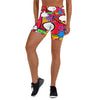 Women's comic pop retro red yoga shorts front view
